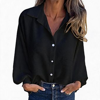 Women's Oversized Lapel Collar Button Down Shirt Loose Puff Cuff Long Sleeve Casual Blouse