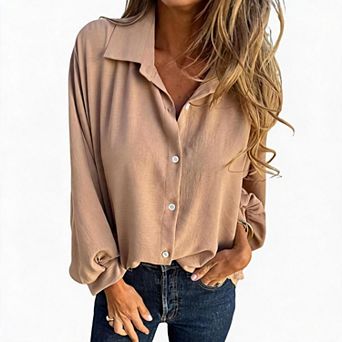 Women's Oversized Lapel Collar Button Down Shirt Loose Puff Cuff Long Sleeve Casual Blouse