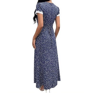 Women's Boho Floral Lace Trim Deep V Neck Short Sleeve Flared Maxi Long Dresses