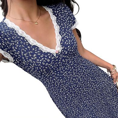 Women's Boho Floral Lace Trim Deep V Neck Short Sleeve Flared Maxi Long Dresses