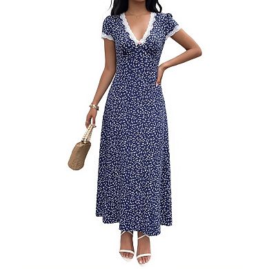 Women's Boho Floral Lace Trim Deep V Neck Short Sleeve Flared Maxi Long Dresses