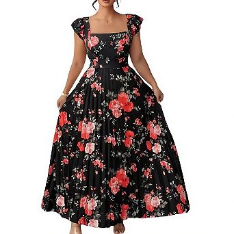 Plus Size Floral Maxi Pleated Dress for Women Square Neck Flowy Summer Long Wedding Guest Outfits