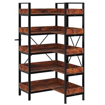 5 tier Reversible Corner Etagere L-Shaped Industrial Bookshelf, 65" Tall Wooden Shelves