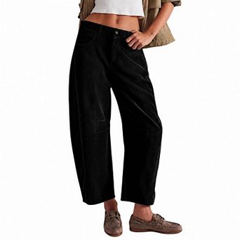 Women's Corduroy Barrel Pants Mid-Rise Elastic Waist Wide Leg Baggy Trousers with Pockets