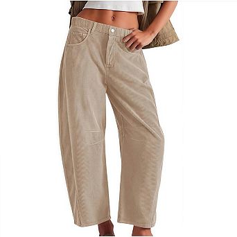 Women's Corduroy Barrel Pants Mid-Rise Elastic Waist Wide Leg Baggy Trousers with Pockets