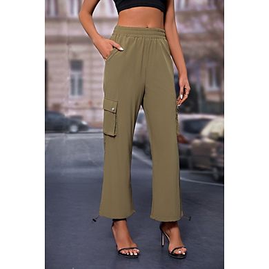 Women's Elastic Drawstring Waist Cargo Jogger Pants, Multi Pocket Lightweight Casual Trousers