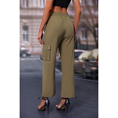 Women's Elastic Drawstring Waist Cargo Jogger Pants, Multi Pocket Lightweight Casual Trousers