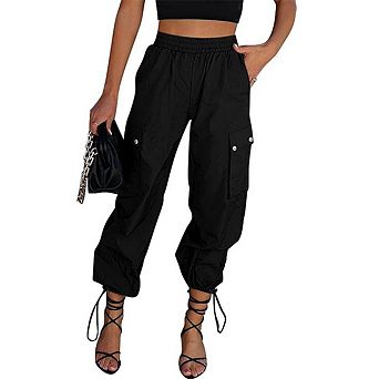 Women's Elastic Drawstring Waist Cargo Jogger Pants, Multi Pocket Lightweight Casual Trousers