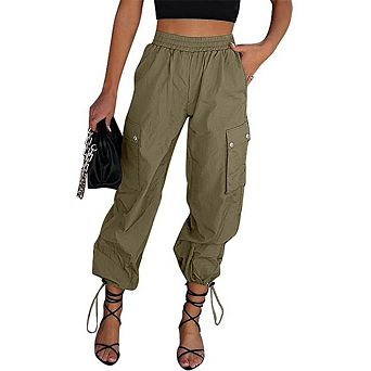 Women's Elastic Drawstring Waist Cargo Jogger Pants, Multi Pocket Lightweight Casual Trousers