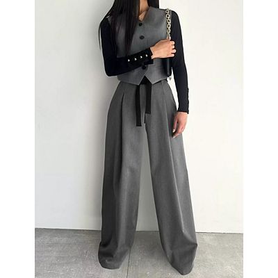 high waisted dress pants with bow Women's High Waist Wide Leg Dress Pants, Front Tie Bow Pleated Tailored  Casual Office Trousers