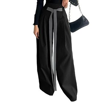 Women's High Waist Wide Leg Dress Pants, Front Tie Bow Pleated Tailored Casual Office Trousers