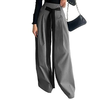 Women's High Waist Wide Leg Dress Pants, Front Tie Bow Pleated Tailored Casual Office Trousers