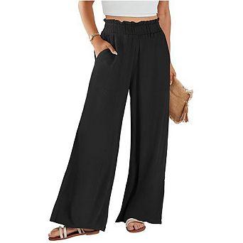 Women's Ruffle Elastic High Waist Wide Leg Pants, Lightweight Loose Casual Trousers with Side Pocket