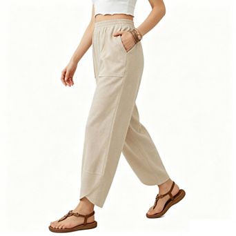 Women's Elastic High Waist Cropped Linen Blend Pants, Loose Ankle Length Casual Trousers