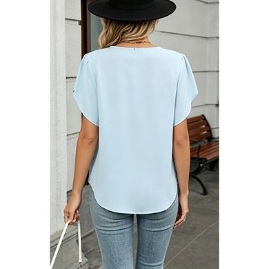 Women's Round Neck Front Pleated Puff Short Sleeve Loose Chiffon Blouse Top