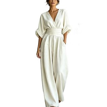 Women's 3/4 Sleeve V Neck Elegant Jumpsuit Ruched High Waist Wide Leg with Pockets
