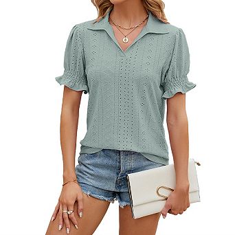 Women's Eyelet Collar Short Sleeve t Shirts Opaque Slightly Stretchy Premium Casual Professional Top