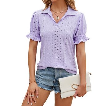 Women's Eyelet Collar Short Sleeve t Shirts Opaque Slightly Stretchy Premium Casual Professional Top