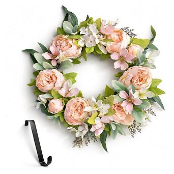 17" Handcrafted Peony Wreath Romantic Pink Floral Door Wall Decor