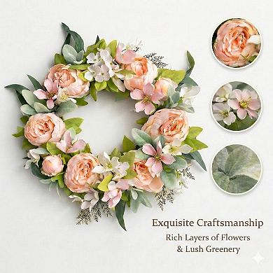 17" Handcrafted Peony Wreath Romantic Pink Floral Door Wall Decor