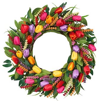 22" Spring Tulip Wreath Eucalyptus Lavender Door Decor