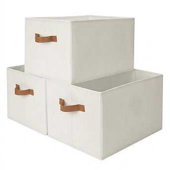 Foldable Storage Bins with PU Handles Ivory White 3 Pack Extra Large