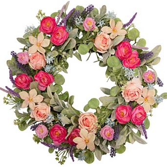 24", Spring Wreath Rose Lavender Eucalyptus Wildflowers Silk Floral Door Decor