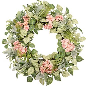 22" Eucalyptus Wreath Spring Lamb's Ear Pink Flowers Farmhouse Decor