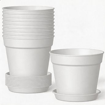 10 Pack 6 Inch White Stackable Plant Pots with Drainage & Saucers