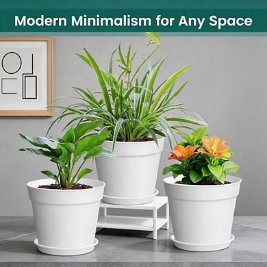 10 Pack 6 Inch White Stackable Plant Pots with Drainage & Saucers