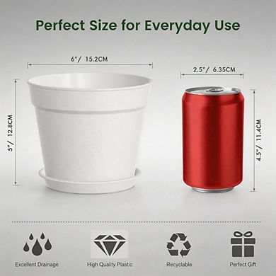 10 Pack 6 Inch White Stackable Plant Pots with Drainage & Saucers