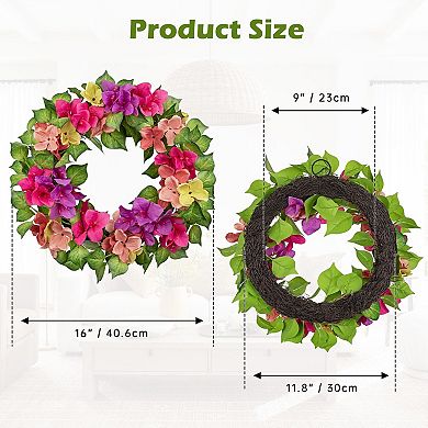 16"Artificial Bougainvillea Wreath Faux Floral Door Decor