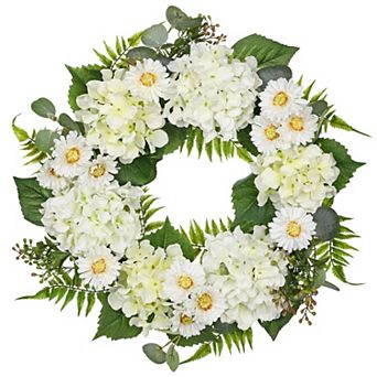 20'' White Hydrangea Wreath Fern Farmhouse Decor