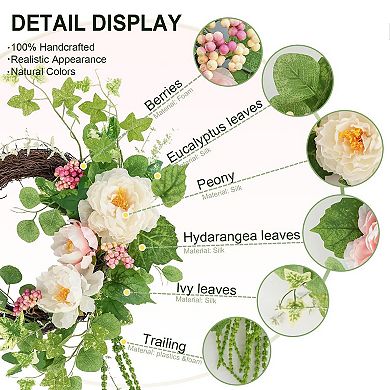18" Spring Peony Wreath Half Circle Door Decor