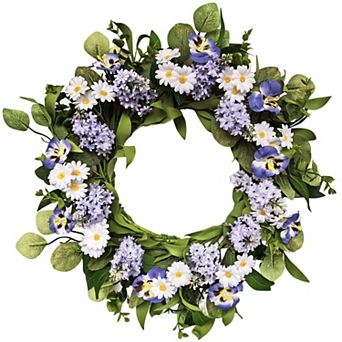 20" Artificial Lilac Pansy Wreath Floral Greenery Decor