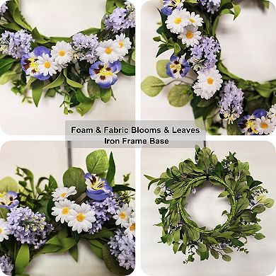 20" Artificial Lilac Pansy Wreath Floral Greenery Decor