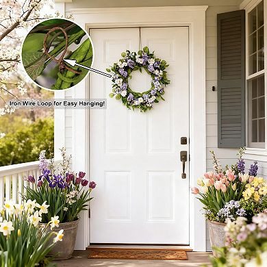 20" Artificial Lilac Pansy Wreath Floral Greenery Decor