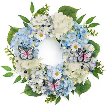18'' Spring Wreath Hydrangeas Eucalyptus Butterfly Lights