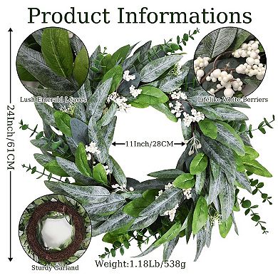 24" Olive Eucalyptus Wreath White Berries Farmhouse Decor