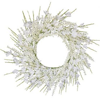 24" White Forsythia Lavender Wreath Silk Floral Wedding Decor