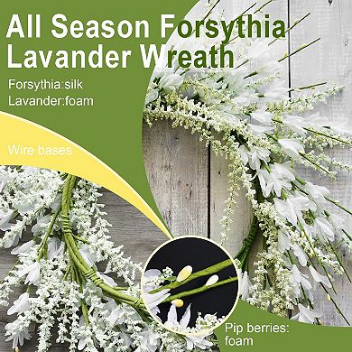 24" White Forsythia Lavender Wreath Silk Floral Wedding Decor