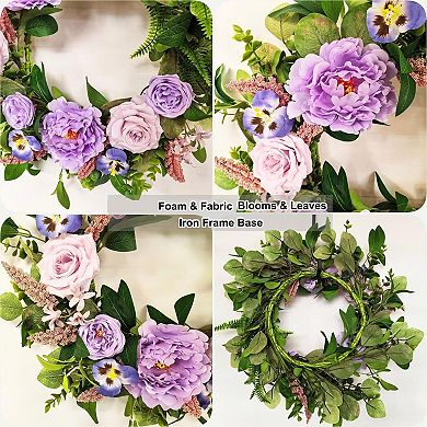 20" Purple Peony Rose Pansy Lavender Wreath