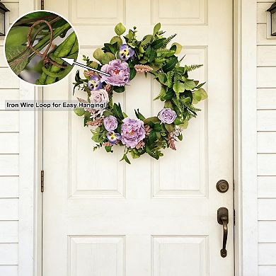 20" Purple Peony Rose Pansy Lavender Wreath