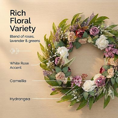 26 Inch Eucalyptus Wreath Rose Hydrangea Lavender Berry Fern