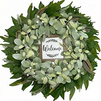 26 Inch Eucalyptus Wreath Lamb's Ear Lemon Leaves White Berries Fern Foliage