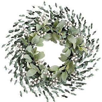 22 Inch Boxwood Wreath White Berries Lambs Ear Front Door Decor