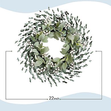 22 Inch Boxwood Wreath White Berries Lambs Ear Front Door Decor