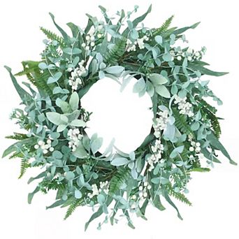 24" Eucalyptus Wreath Front Door Bow Berries Farmhouse All Seasons