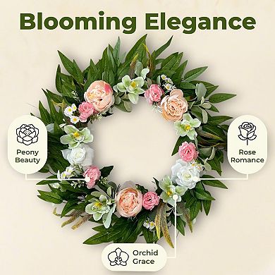 26 Inch Artificial Floral Wreath Orchid Rose Peony Eucalyptus
