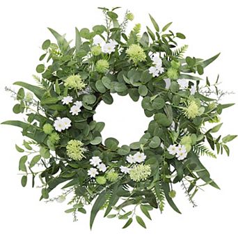 22" Eucalyptus Wreath White Flowers Spring Farmhouse Decor